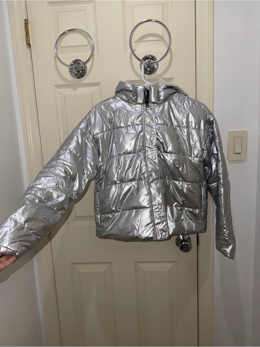 Aerie OFFLINE Metallic Silver Puffer Jacket with Hood